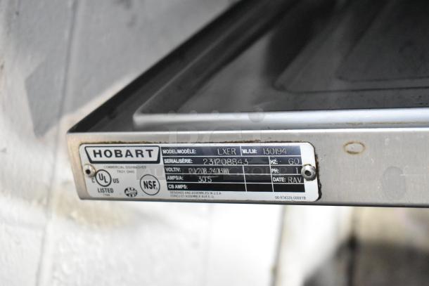 2019 Hobart LXER stainless steel undercounter dishwasher, model LXER, 120/208-240V, 1 phase. Visible label with specs.