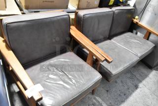Two wooden seats with gray cushions, including a single chair and two-person couch. Visible wear on cushions. Auction tag reads "268".