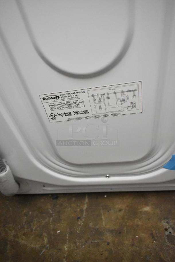 2023 KoolMore FLW-3CWH front load washer, metal, 120V, 1 phase. "Scratch and Dent" label visible. Brand new condition.
