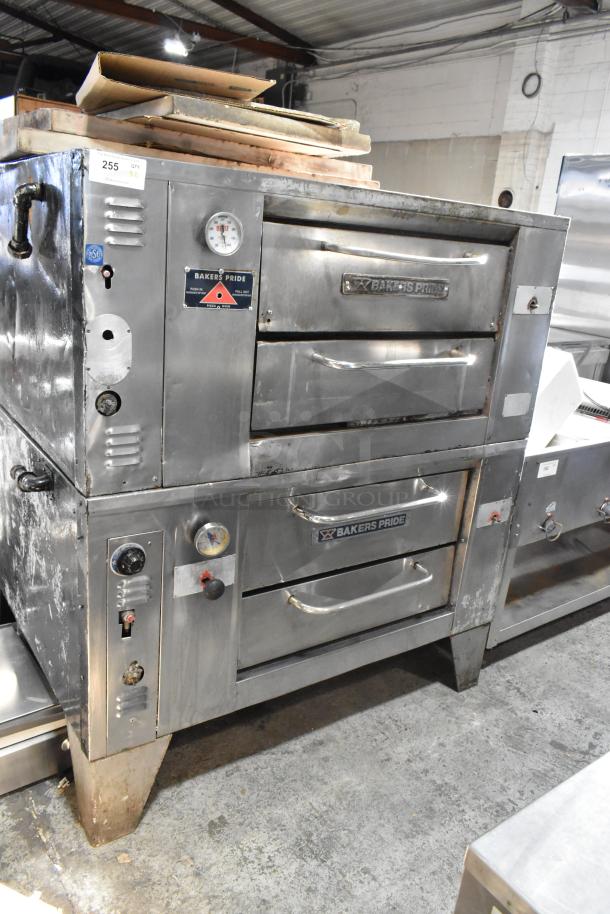 Bakers Pride stainless steel commercial natural gas single deck pizza ovens with cooking stones, visible gauges, used condition.