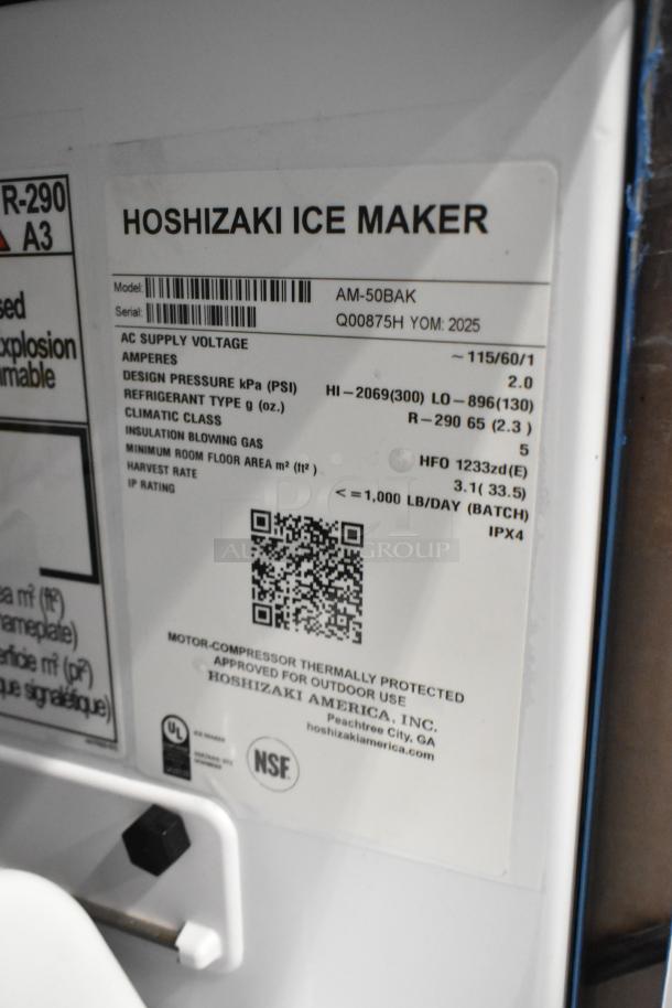 Brand new Hoshizaki AM-50BAK ice machine label, showing model info, voltage, and certification marks.
