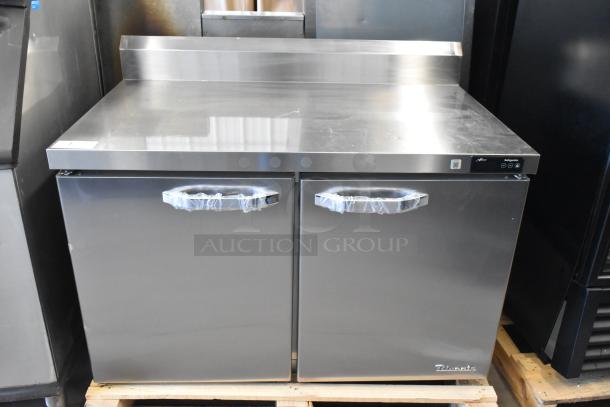 Brand new Blue Air BLUR48-HC stainless steel 2-door work top cooler with minor scratches, 115V, 1 phase.