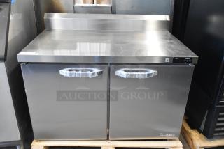 Brand new Blue Air BLUR48-HC stainless steel 2-door work top cooler with minor scratches, 115V, 1 phase.
