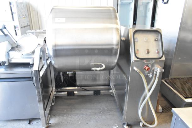 2018 Promax TMC-500 vacuum tumbler, stainless steel, floor style, 110V, 1 phase, with control panel and hoses visible.