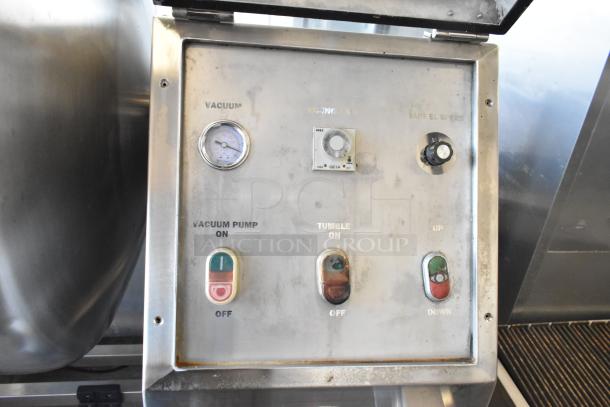 2018 Promax TMC-500 stainless steel vacuum tumbler control panel. Features vacuum gauge, control knobs, and switches.