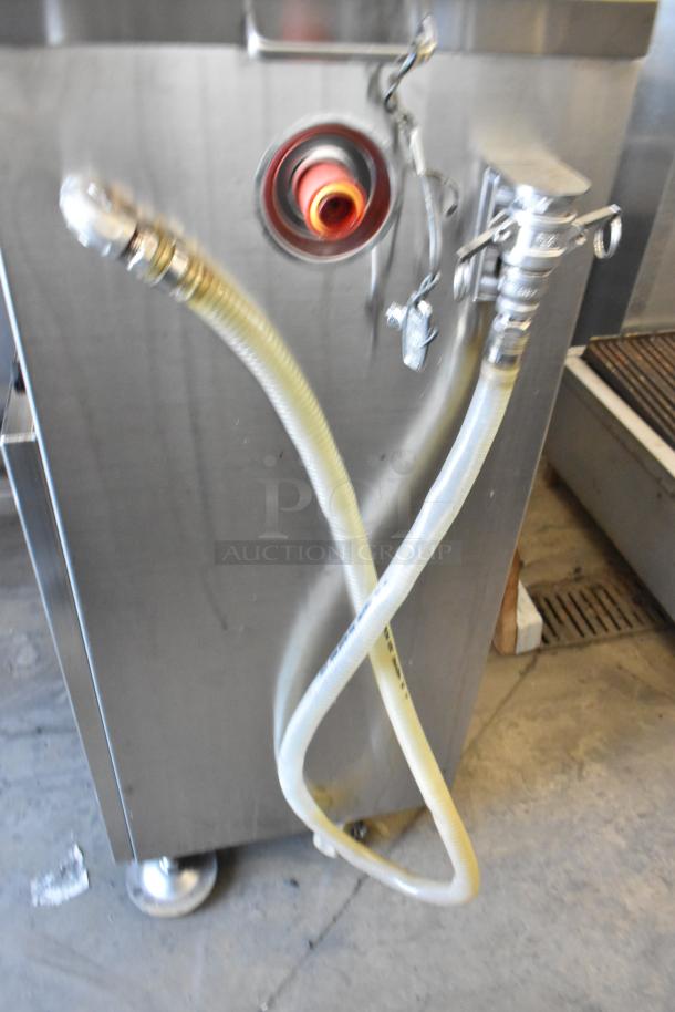 2018 Promax TMC-500 stainless steel vacuum tumbler, floor style, 110V, 1 phase, with attached hoses and fittings.