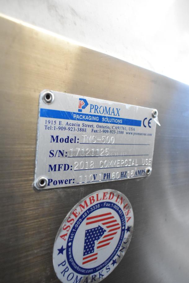 2018 Promax TMC-500 stainless steel vacuum tumbler, 110V, 1 phase. Model label and USA assembly mark visible.