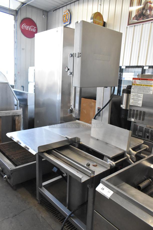 2018 Hobart 6801 metal commercial meat saw, 200-230 volts, 3 phase, floor style. Excellent condition with safety labels.