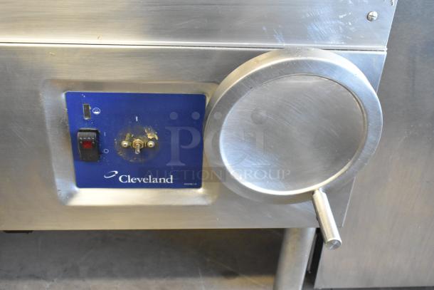 Cleveland stainless steel commercial braising pan with control panel, floor style. Visible Cleveland logo and control knobs.
