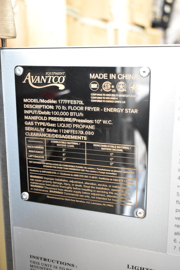 BRAND NEW 2024 Avantco 177FFES70L Stainless Steel Floor Fryer, 65-70 lb, Liquid Propane, 100,000 BTU, with 2 metal baskets.