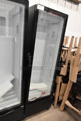 Brand new KoolMore KM-MDR-1GD-10C metal single door reach-in cooler, poly coated racks, on casters, 115V, minor scratches.