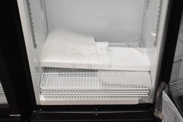 Brand new KoolMore KM-MDR-1GD-10C commercial cooler, single door, poly-coated racks, on commercial casters. 115V, 1 phase.