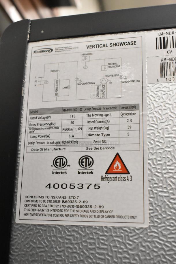 KoolMore KM-MDR-1GD-10C Cooler label showing specs: 115V, 60Hz, R600a refrigerant. ETL certified. Serial No. 4005375.