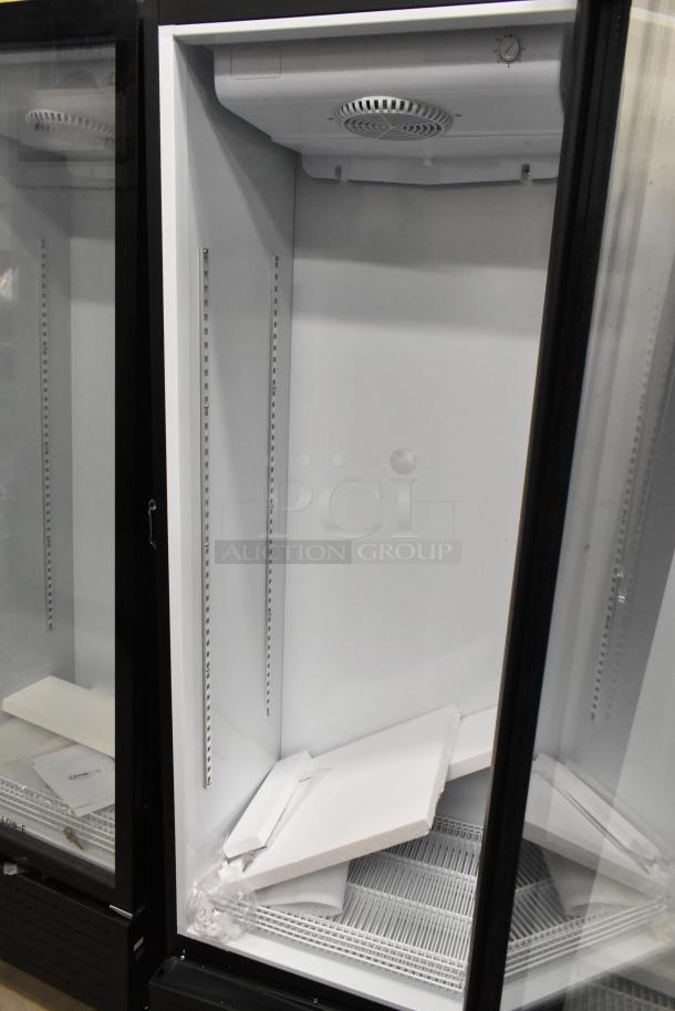 KoolMore KM-MDR-1GD-10C commercial cooler, single glass door, poly-coated racks, and commercial casters, 115V, scratch and dent.