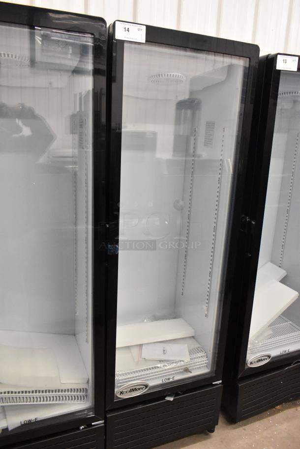 Brand new KoolMore KM-MDR-1GD-10C commercial cooler, single door, poly coated racks, on casters, 115V, 1 phase.