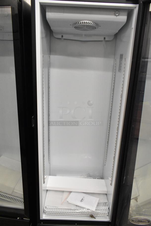 KoolMore KM-MDR-1GD-10C single door cooler, brand new with minor scratches. Features poly coated racks, commercial casters.