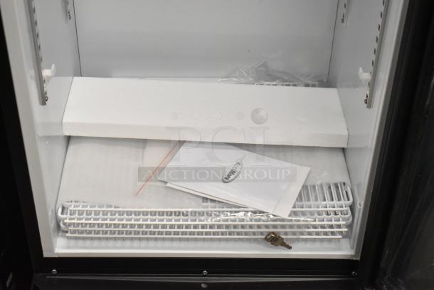 Brand new KoolMore KM-MDR-1GD-10C metal cooler with poly coated racks, commercial casters, and 115V, 1 phase power.