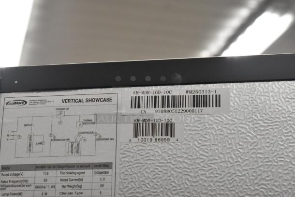 KoolMore KM-MDR-1GD-10C commercial cooler label with wiring diagram and barcodes, new condition.