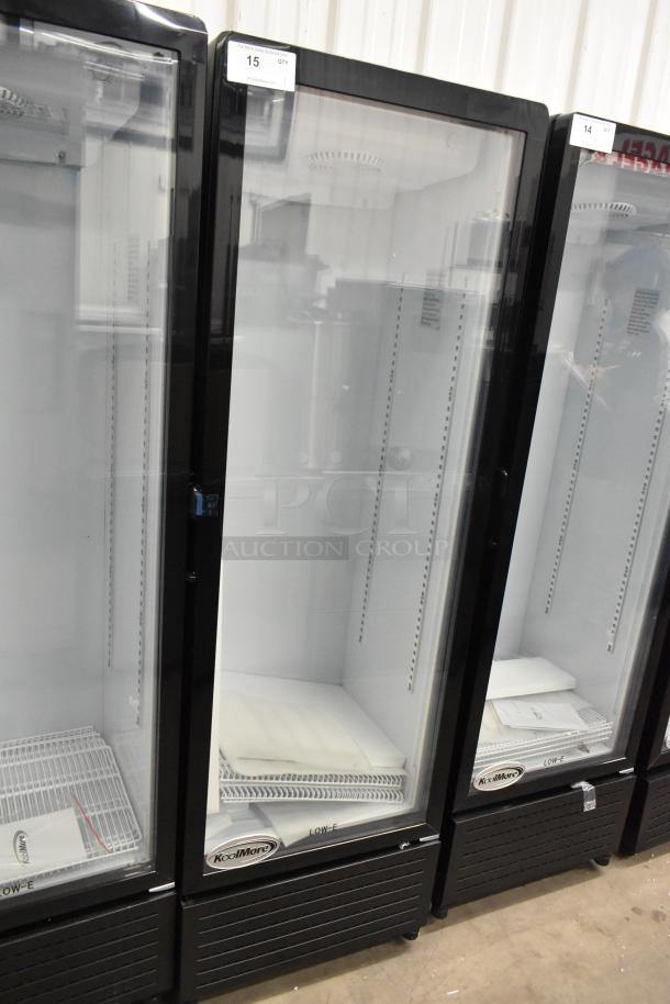 Brand new KoolMore KM-MDR-1GD-10C single door cooler, poly coated racks, on casters. Model label, 115V, 1 phase.
