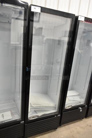 Brand new KoolMore KM-MDR-1GD-10C single door cooler, poly coated racks, on casters. Model label, 115V, 1 phase.