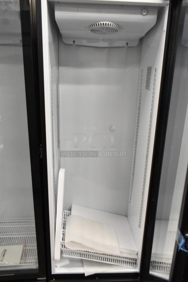 Brand new KoolMore KM-MDR-1GD-10C commercial cooler, single door, metal, with poly coated racks, on casters, 115V, 1 phase.