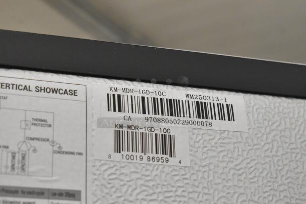 KoolMore KM-MDR-1GD-10C cooler label, showing model and serial numbers. Ideal for commercial use, 115V, 1 phase.