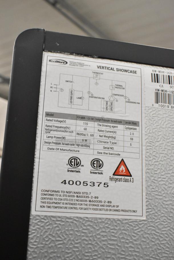 Label on KoolMore KM-MDR-1GD-10C cooler, showing electrical specs and safety certifications. 115V, ETL listed.