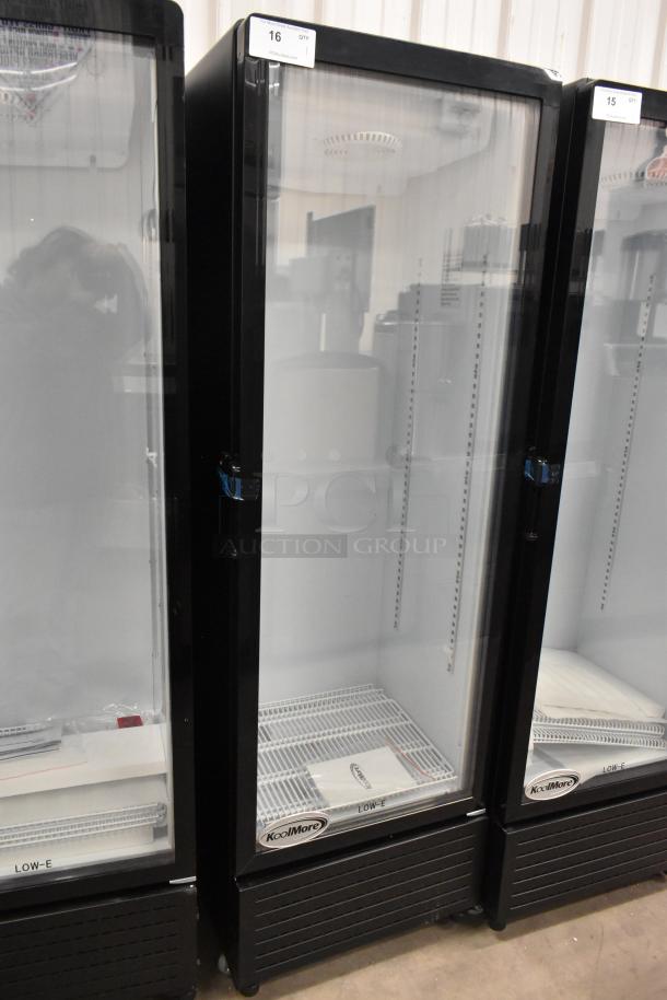 Brand new KoolMore KM-MDR-1GD-10C single door cooler merchandiser, scratch and dent, poly coated racks, on casters.