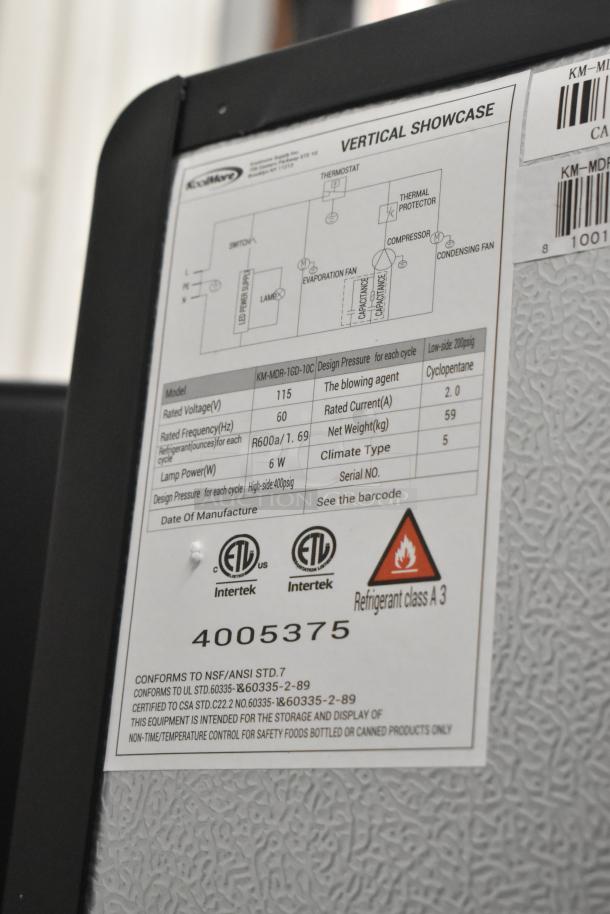 KoolMore KM-MDR-1GD-10C reach-in cooler label, showing specs: 115V, 60Hz, 59kg, refrigerant R600a, ETL certified.
