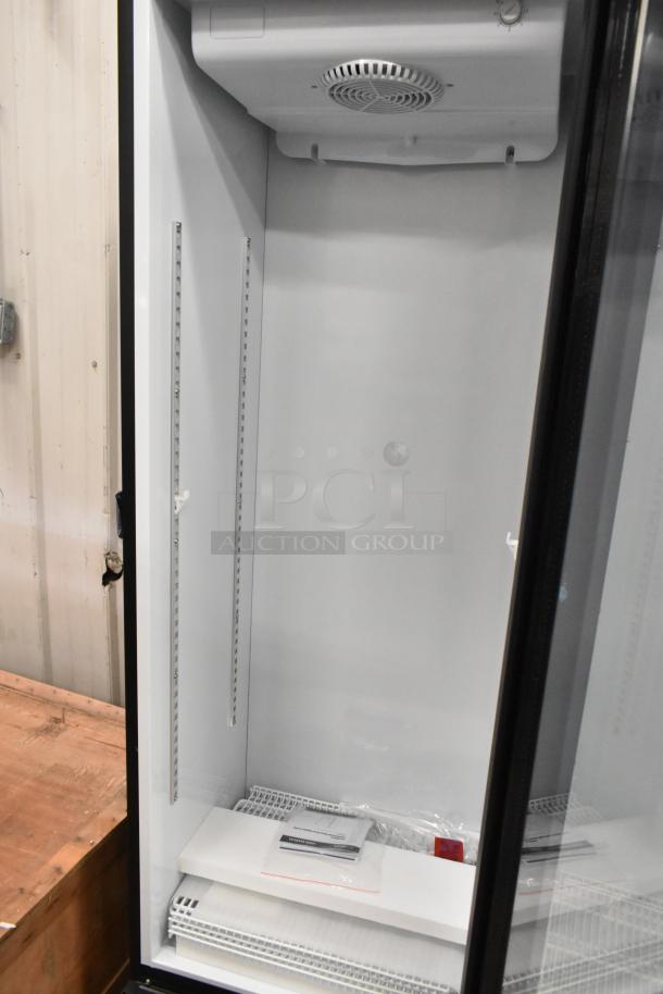 KoolMore KM-MDR-1GD-10C metal single door cooler with poly-coated racks; brand new, scratch and dent condition.