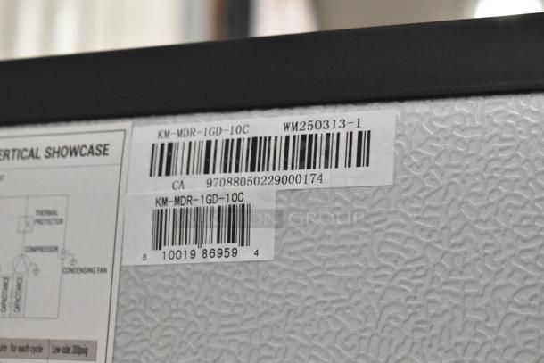 KoolMore KM-MDR-1GD-10C commercial cooler label, showing model number and barcodes.