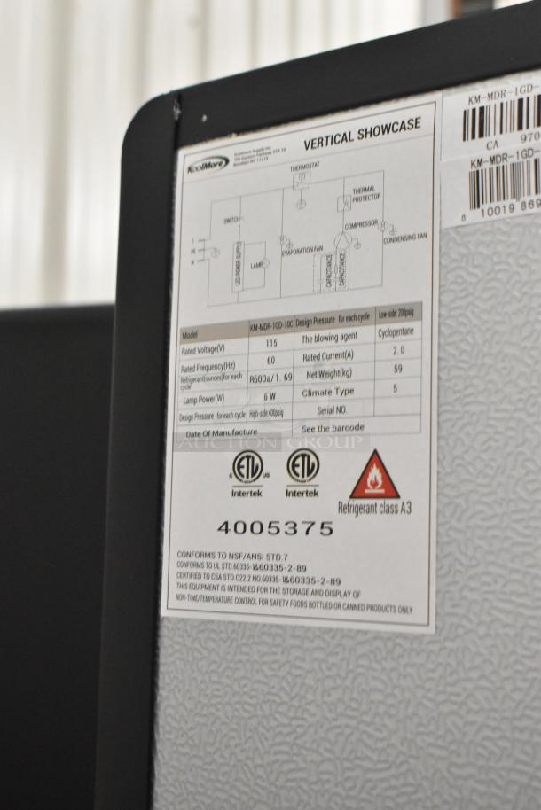 KoolMore KM-MDR-1GD-10C reach-in cooler label showing model specifications and ETL certification. Brand new condition.