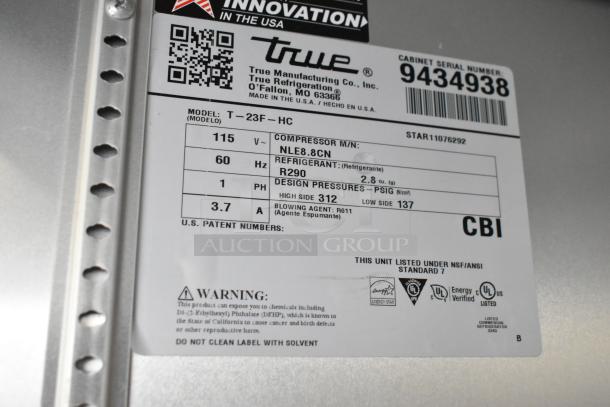 Label of 2018 True T-23F-HC commercial freezer, showing model, voltage (115V), and energy info. Serial number visible.