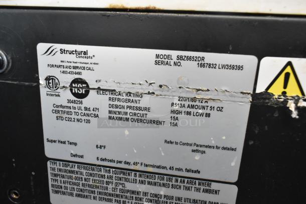 Structural Concepts SBZ6652DR metal merchandiser label, 220V, Model SBZ6652DR, on casters, UL and NSF certified.