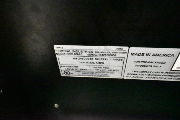 Federal RSSL678SC metal open merchandiser, commercial floor style, metal shelves, casters, 208-240V, 1 phase.