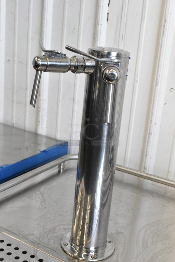 2018 Micro Matic MDD 23 S E NT stainless steel beer tower. Features polished finish, mounted on kegerator surface.