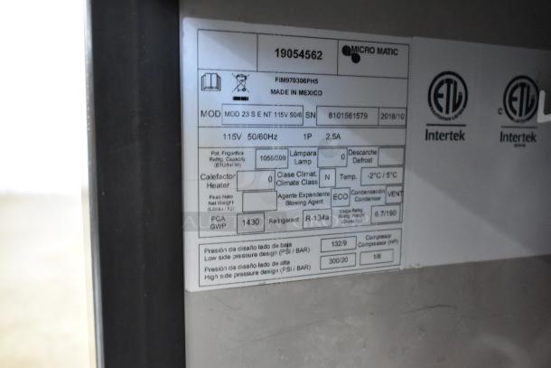 2018 Micro Matic MDD 23 S E NT kegerator label, showing model, power rating, refrigerant type, and certification marks.