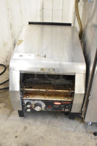 Hatco TQ-800HBA Toast Qwik stainless steel toaster oven, 208 volts, 1 phase, visibly used, caution label intact.