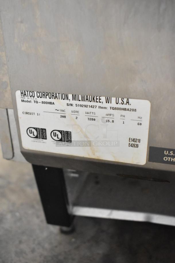 Hatco TQ-800HBA Toast Qwik stainless steel commercial toaster with visible label. 208V, 1 Phase. Serial: 5192921427.