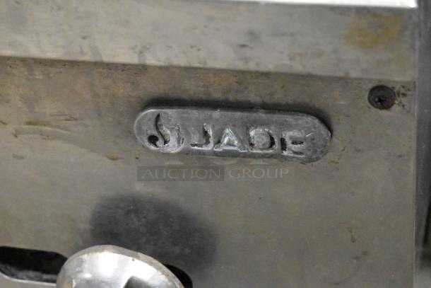 Jade stainless steel commercial countertop gas charbroiler grill, features durable design, visible Jade logo, good condition.