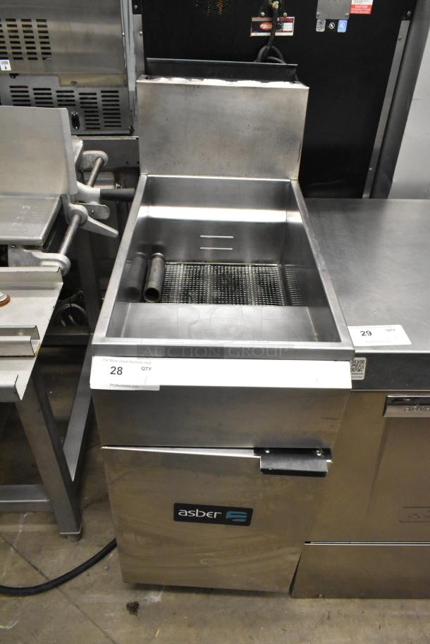 Asber stainless steel commercial deep fat fryer, floor style, features include a wire mesh basket and front panel logo.
