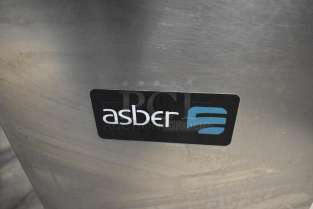 Asber stainless steel commercial floor-style deep fat fryer, featuring Asber logo, durable construction, ideal for heavy-duty use.