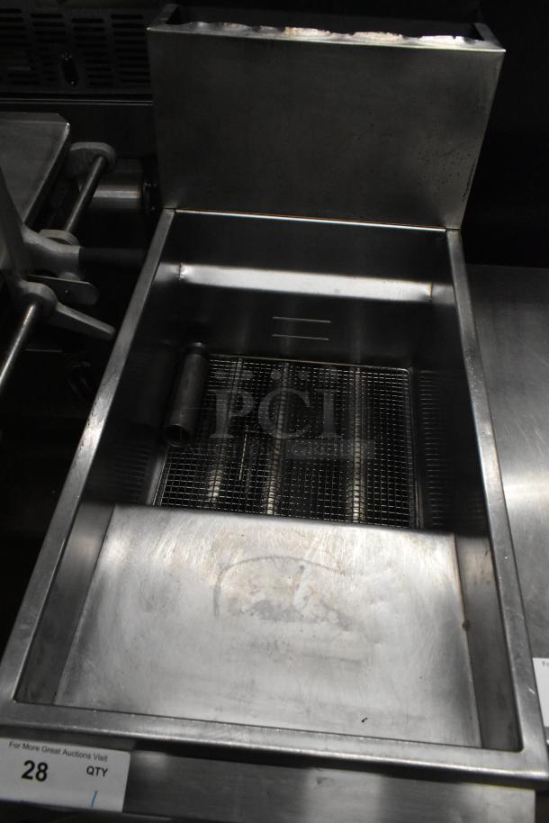 Asber stainless steel commercial floor deep fat fryer, used condition, visible interior grilling racks, item tag number 28.