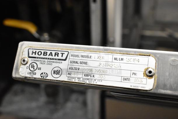 2016 Hobart LXER stainless steel commercial dishwasher, undercounter, 120/208-240V, 1 phase. Label shows serial: 231182138.
