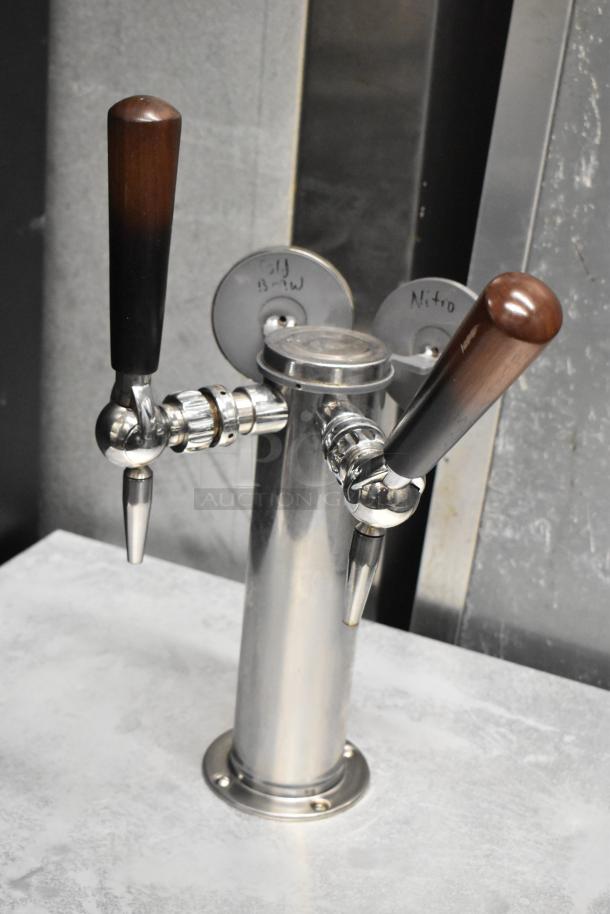 2018 Delfield ND21RS00 stainless steel beer dispenser with two tap tower, labeled "Nitro" and "Cold Brew," in good condition.