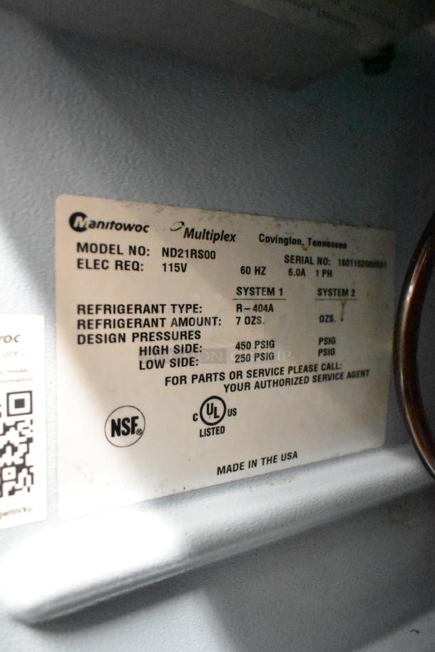 Label on 2018 Delfield ND21RS00 Stainless Steel Beverage Dispenser. Details model, electrical requirements, refrigerant type.