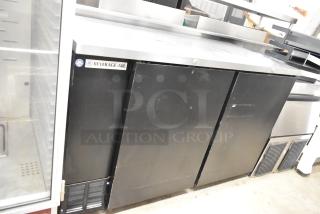 Beverage Air DD58-1-B commercial kegerator, metal, 115V, 1 phase. Features dual doors and logo. Good condition.