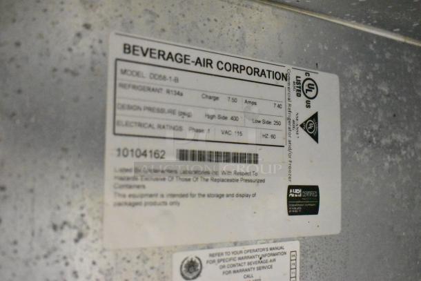 Beverage Air DD58-1-B kegerator label showing model, refrigerant type R134a, 115V, 1 phase, UL certified.