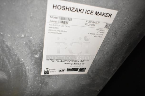 Hoshizaki F-330BAH-C stainless steel ice machine label, 115 volts, 1 phase, UL certified, not for outdoor use.