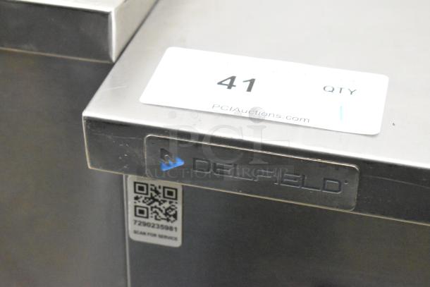 2020 Delfield 406P-STAR4 stainless steel undercounter cooler. Features logo and QR code. Includes auction label.